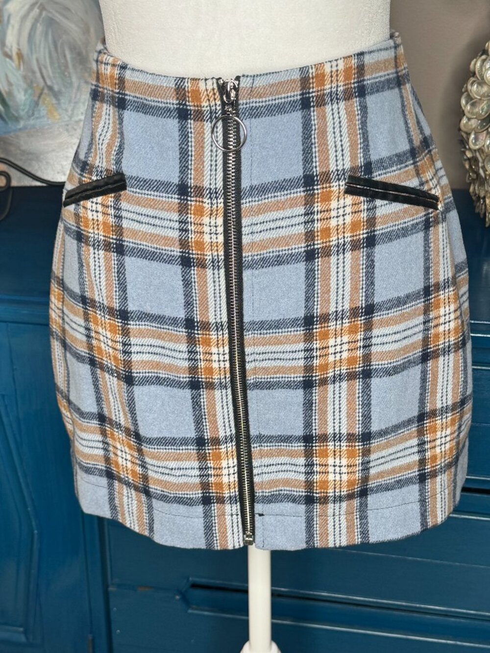 Fashion On Earth Plaid Zip-Front Mini Skirt - Blue & Orange - Size M